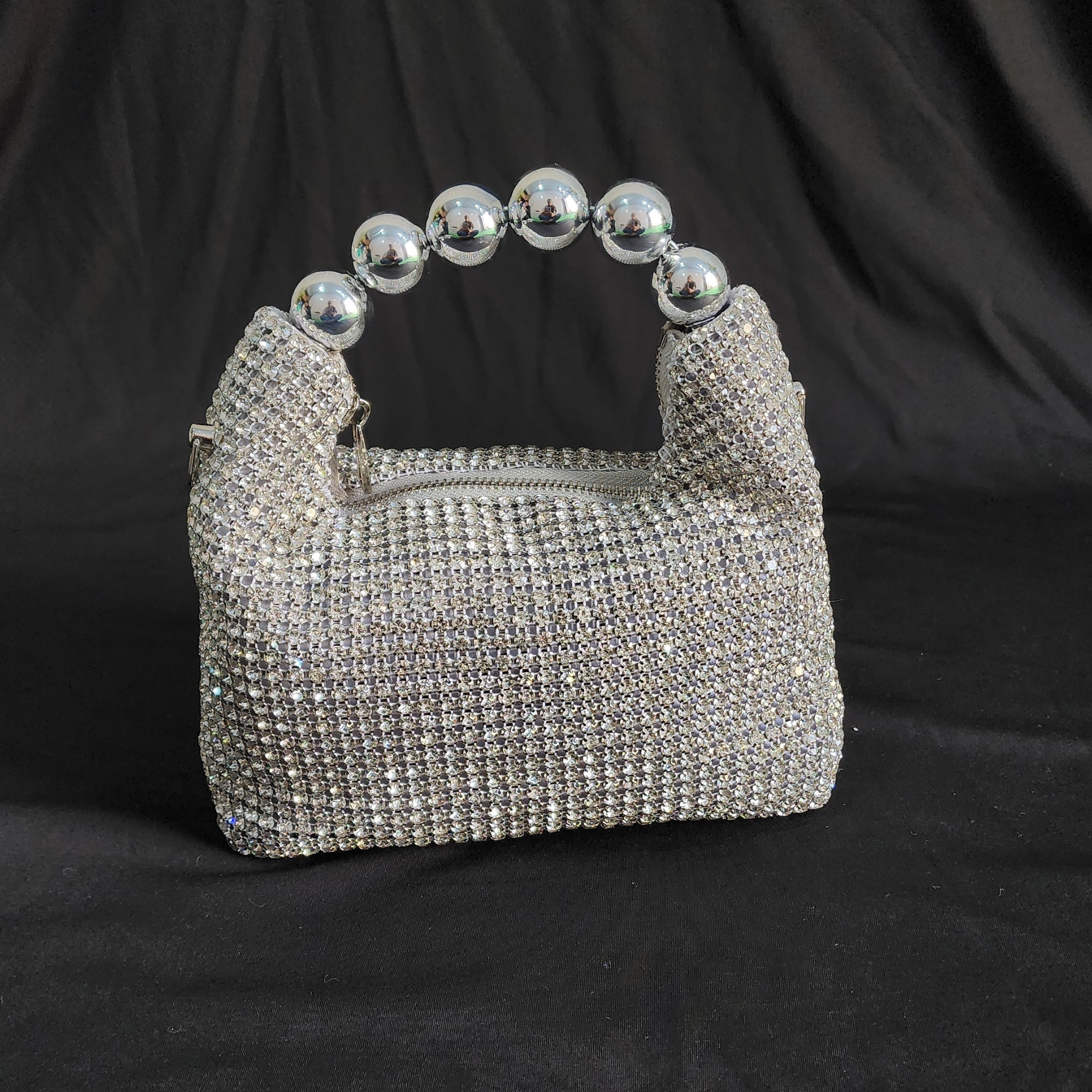 Beaded Hand Bag with Pearl and Sling - Silver