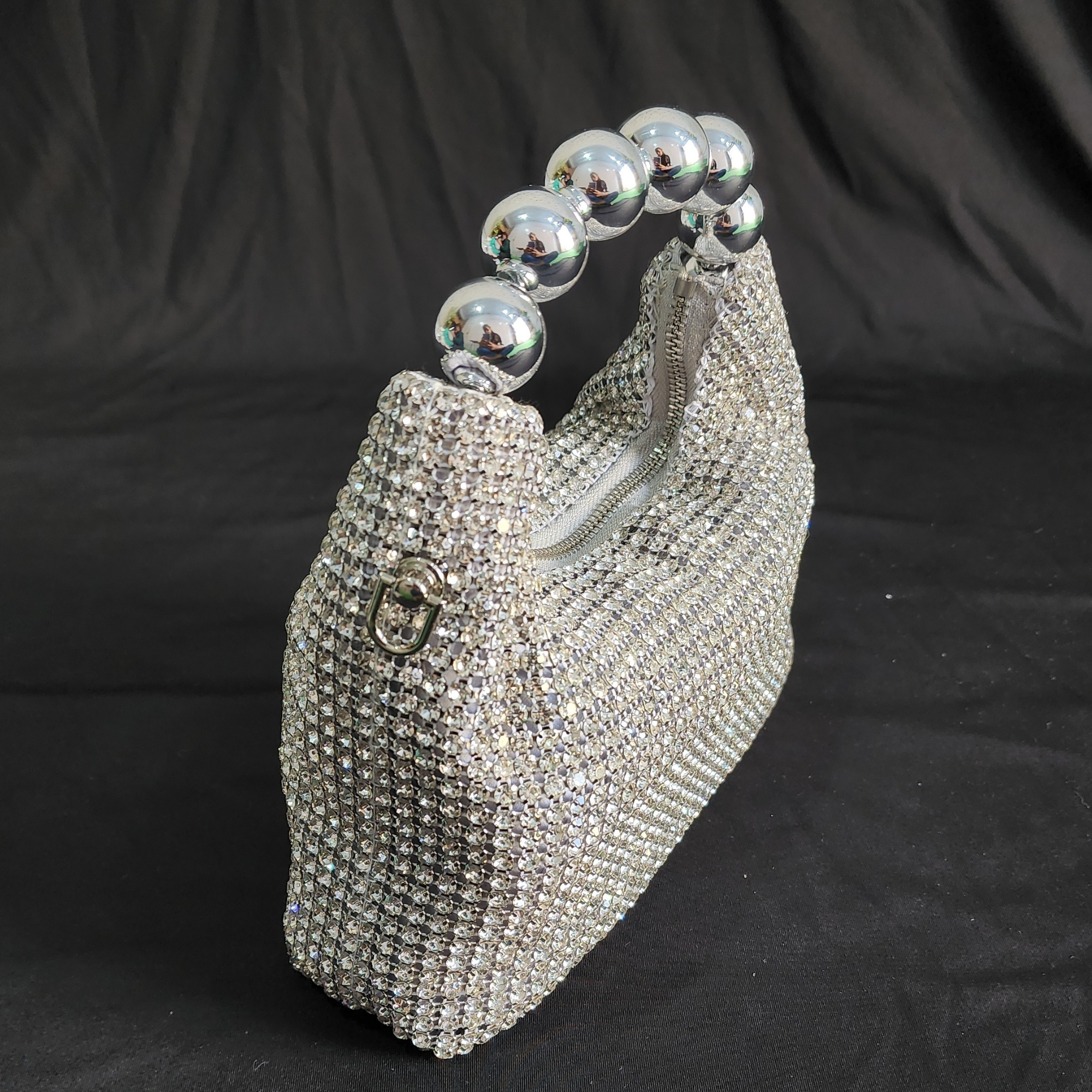 Beaded Hand Bag with Pearl and Sling - Silver