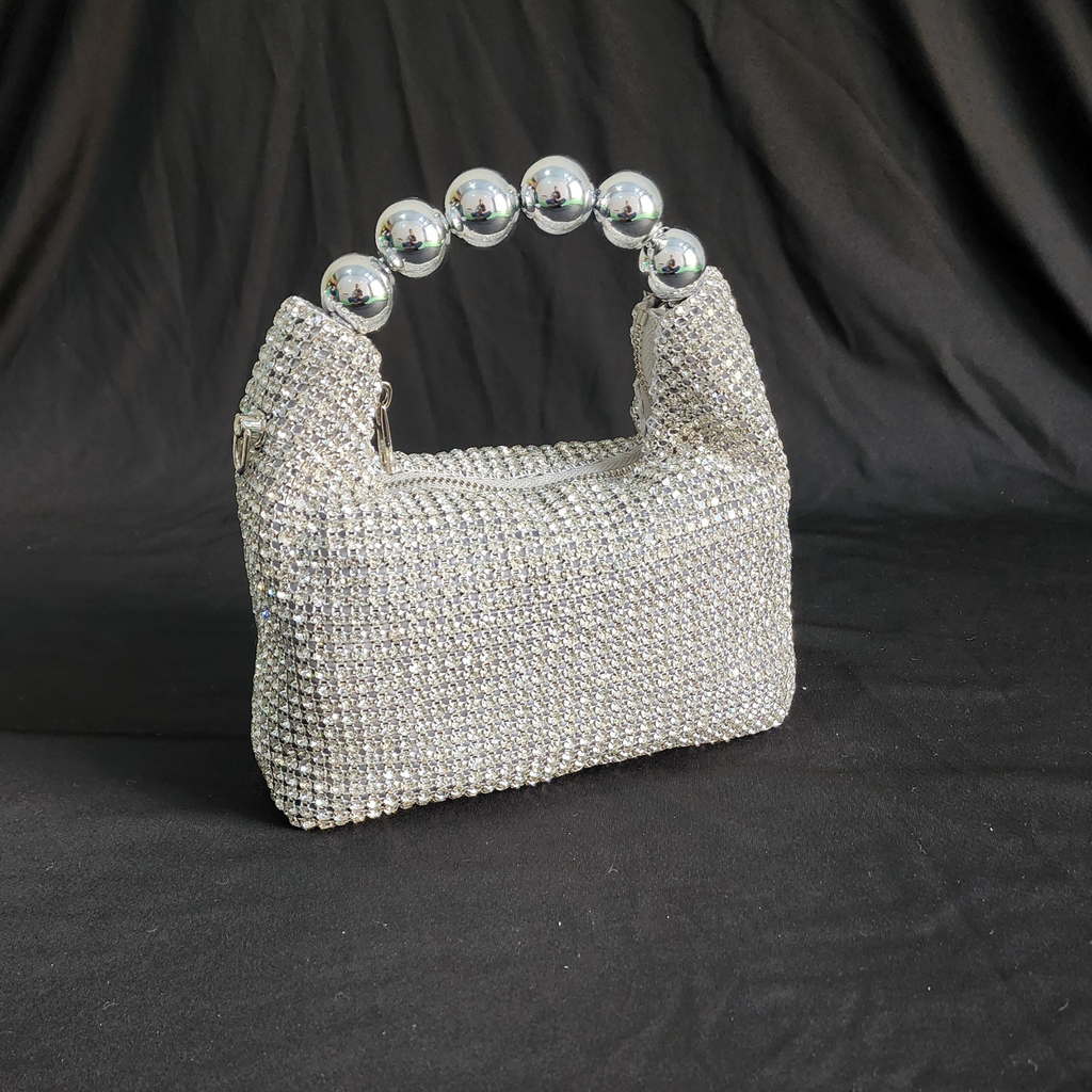 Beaded Hand Bag with Pearl and Sling - Silver