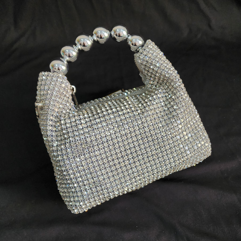 Beaded Hand Bag with Pearl and Sling - Silver