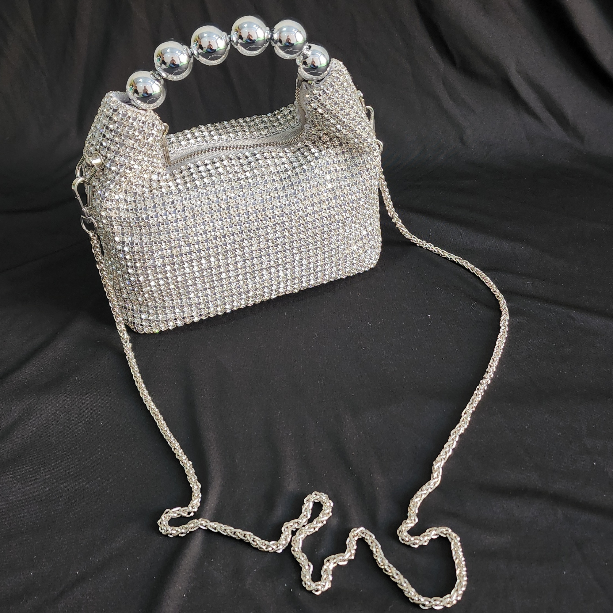 Beaded Hand Bag with Pearl and Sling - Silver