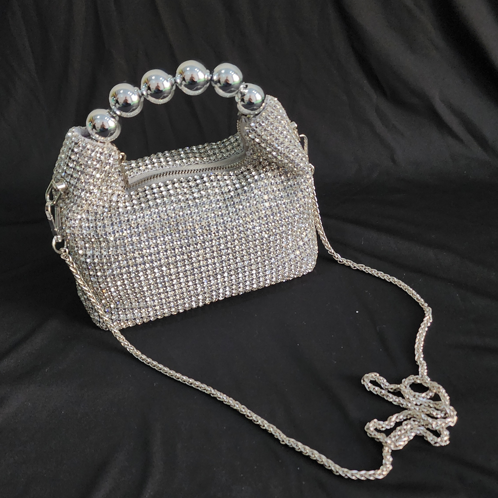 Beaded Hand Bag with Pearl and Sling - Silver