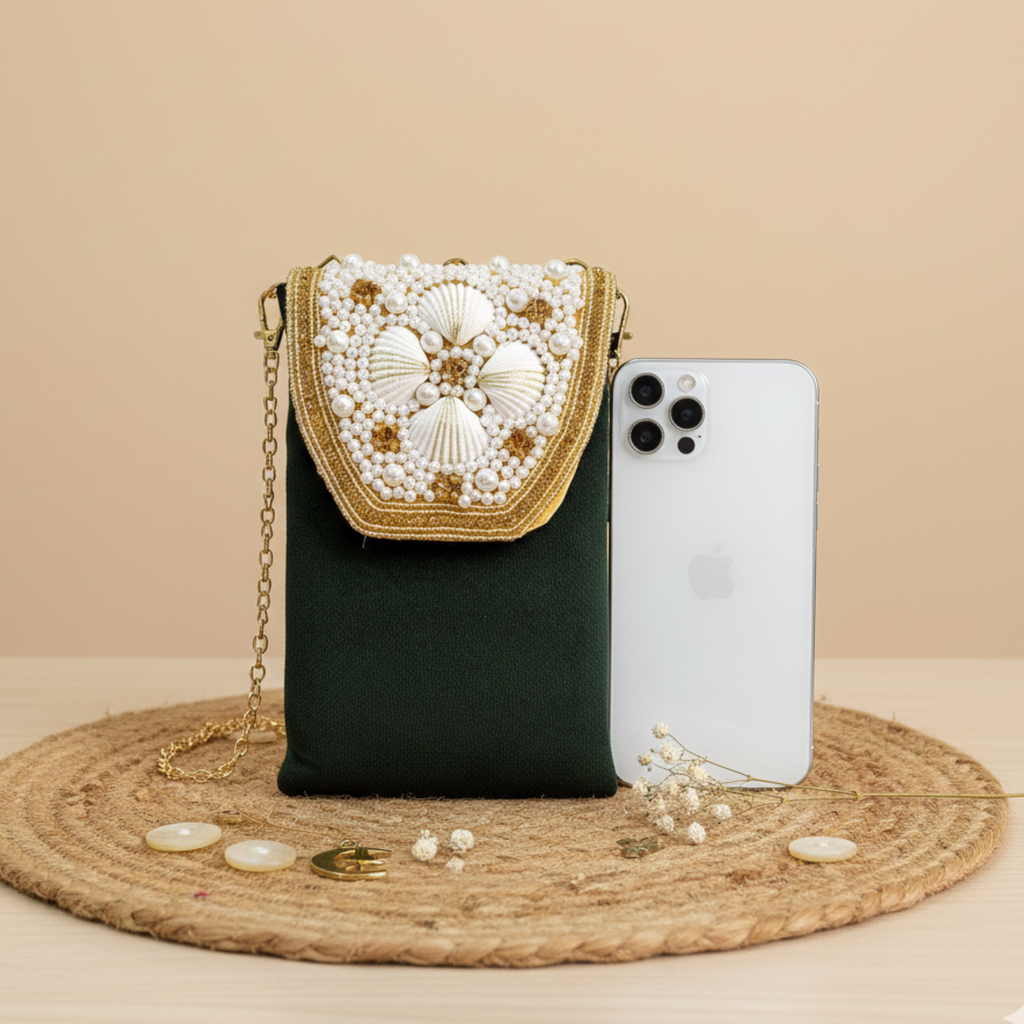 Velvet Crossbody Mobile Phone Purse with sling - Green