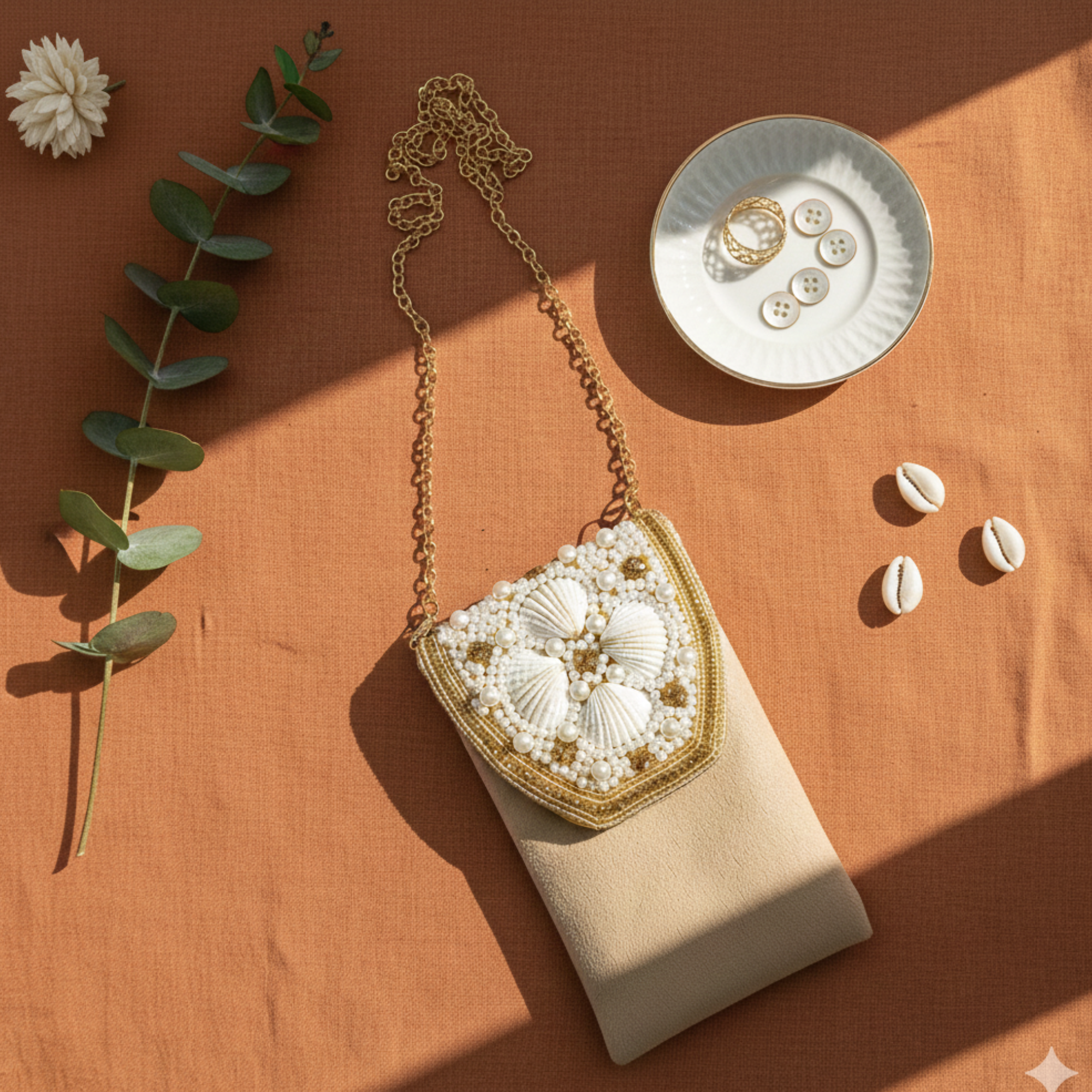 Velvet Pearl and Shell Phone sling Bag - Beige