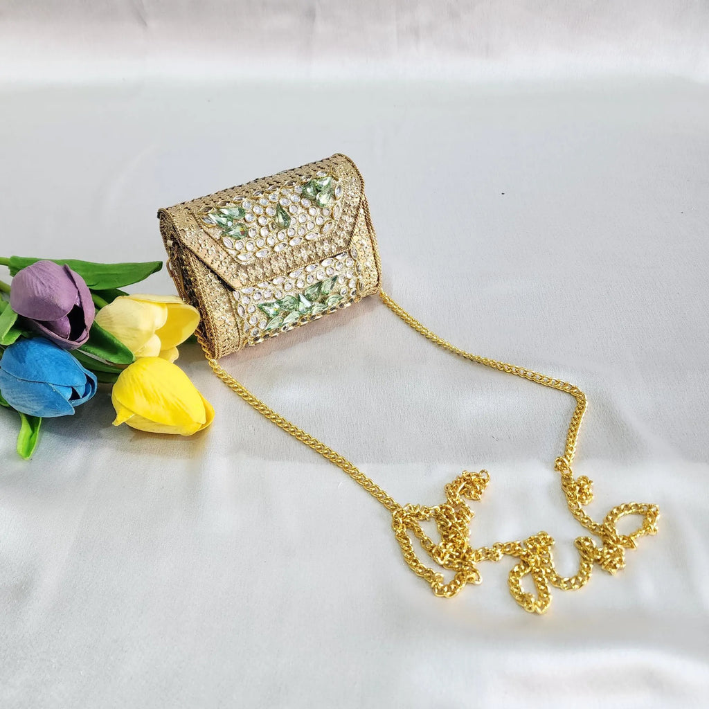Kundan Stone Mini Clutch Purse - Golden Green