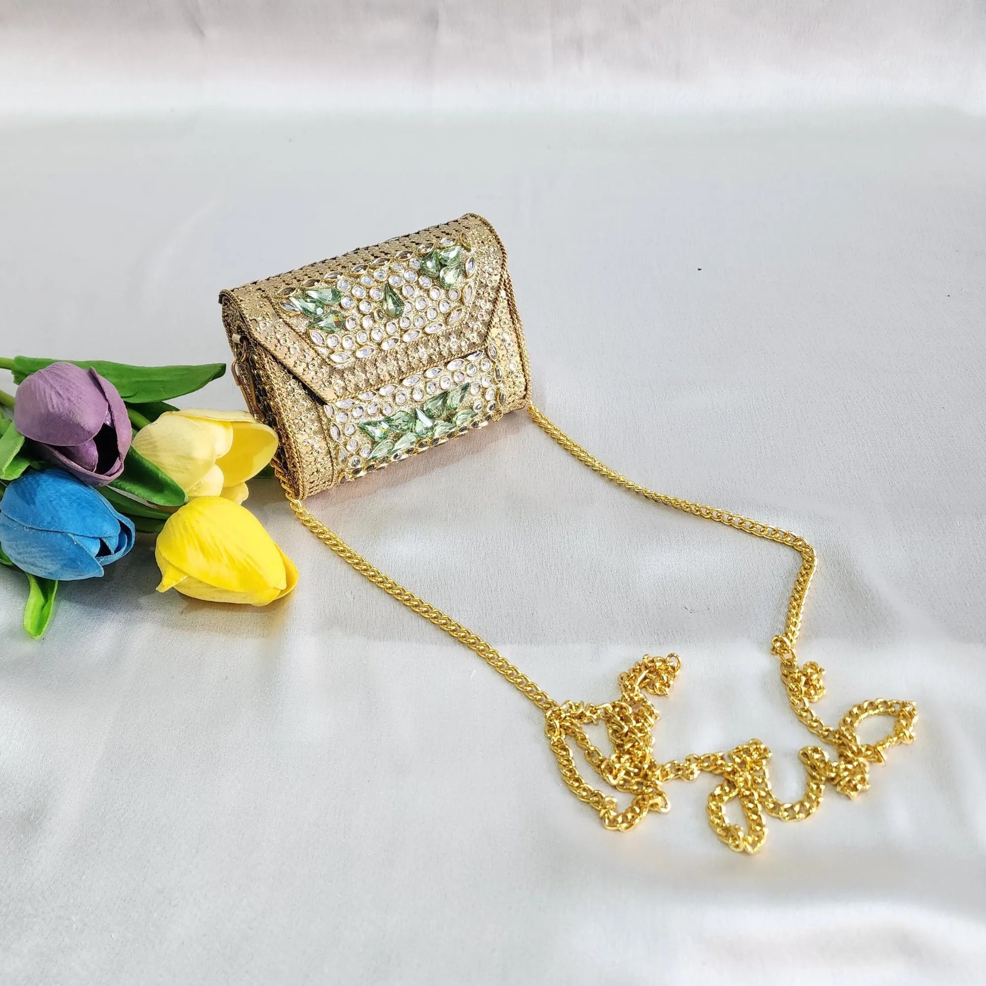 Kundan Stone Mini Clutch Purse - Golden Green