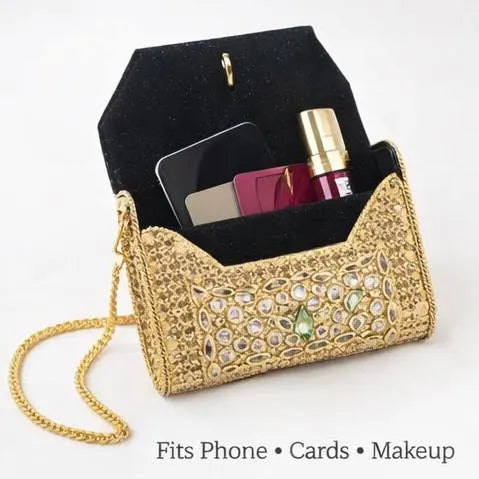 Kundan Stone Mini Clutch Purse - Golden Green