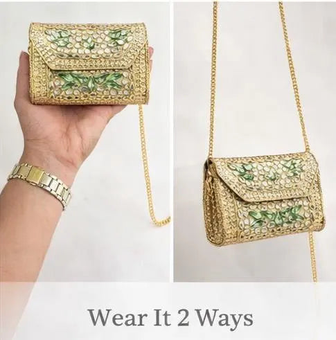 Kundan Stone Mini Clutch Purse - Golden Green