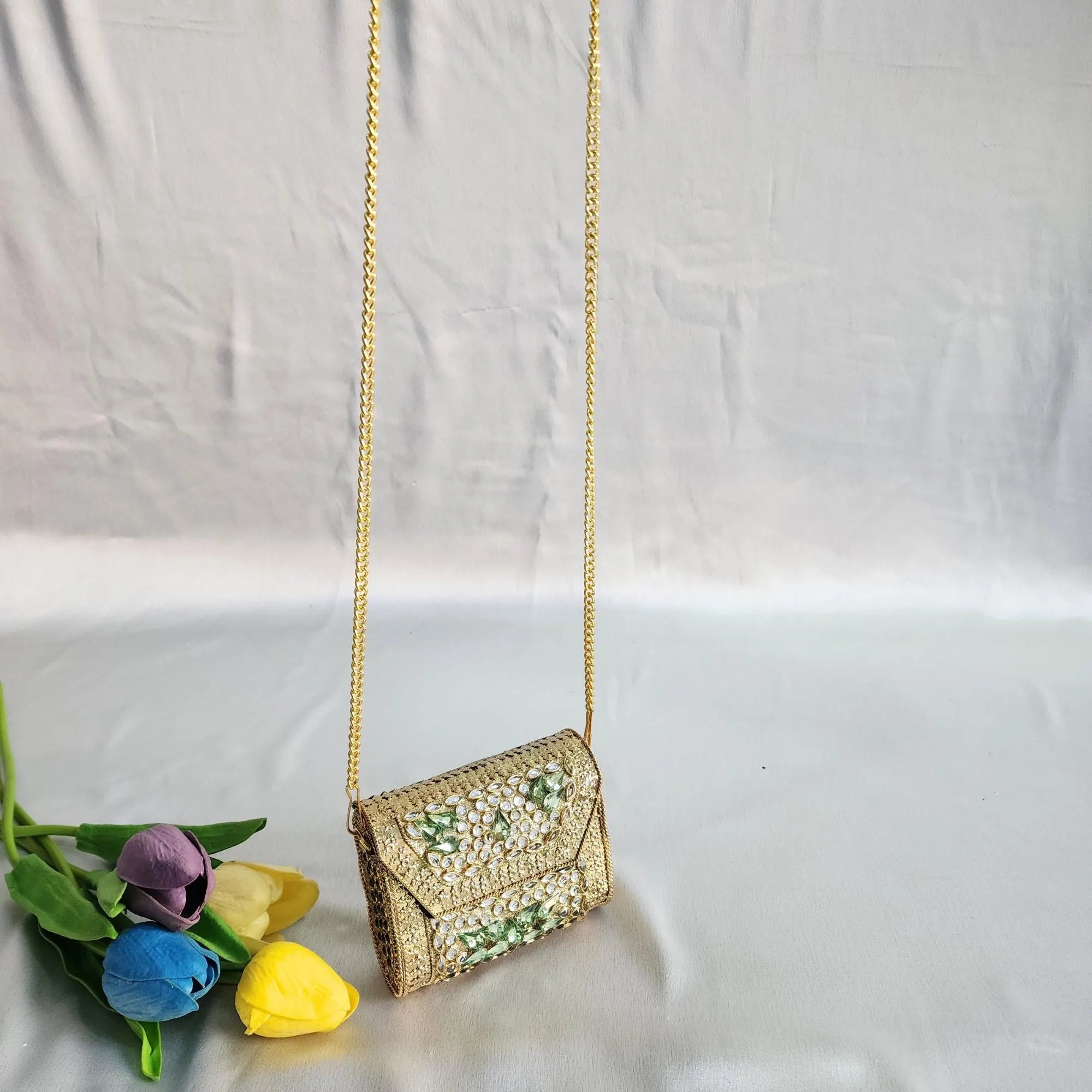 Kundan Stone Mini Clutch Purse - Golden Green