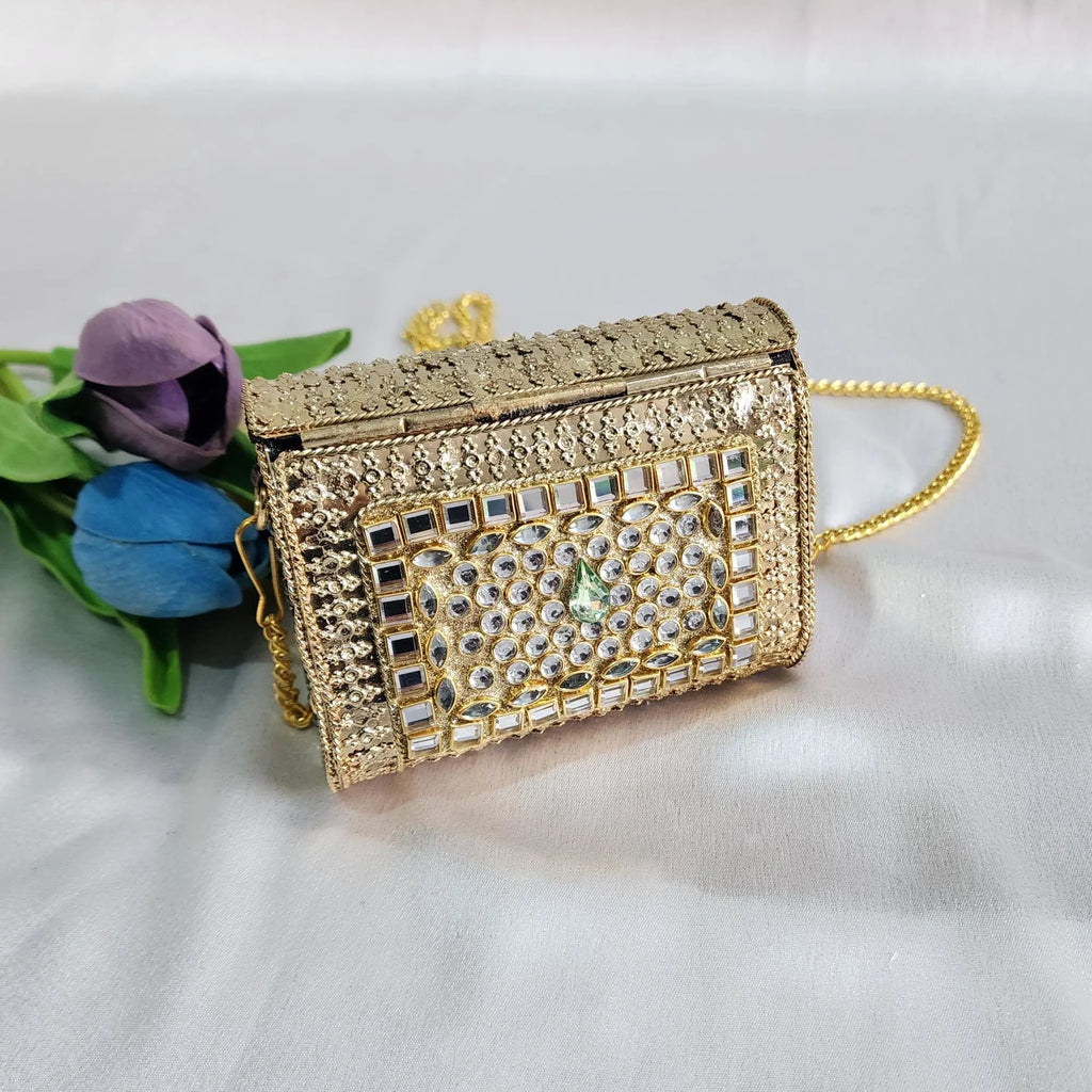 Kundan Stone Mini Clutch Purse - Golden Green