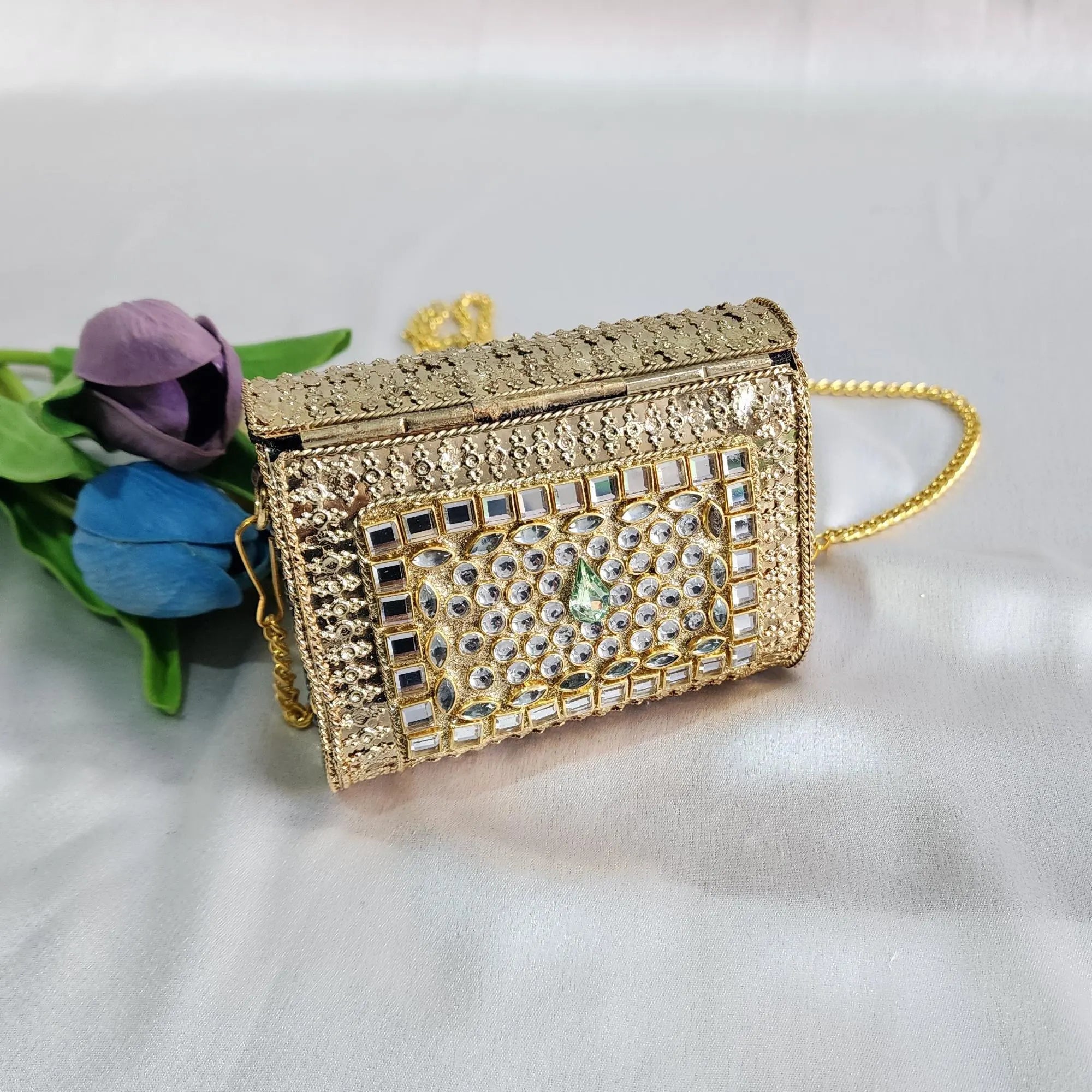 Kundan Stone Mini Clutch Purse - Golden Green