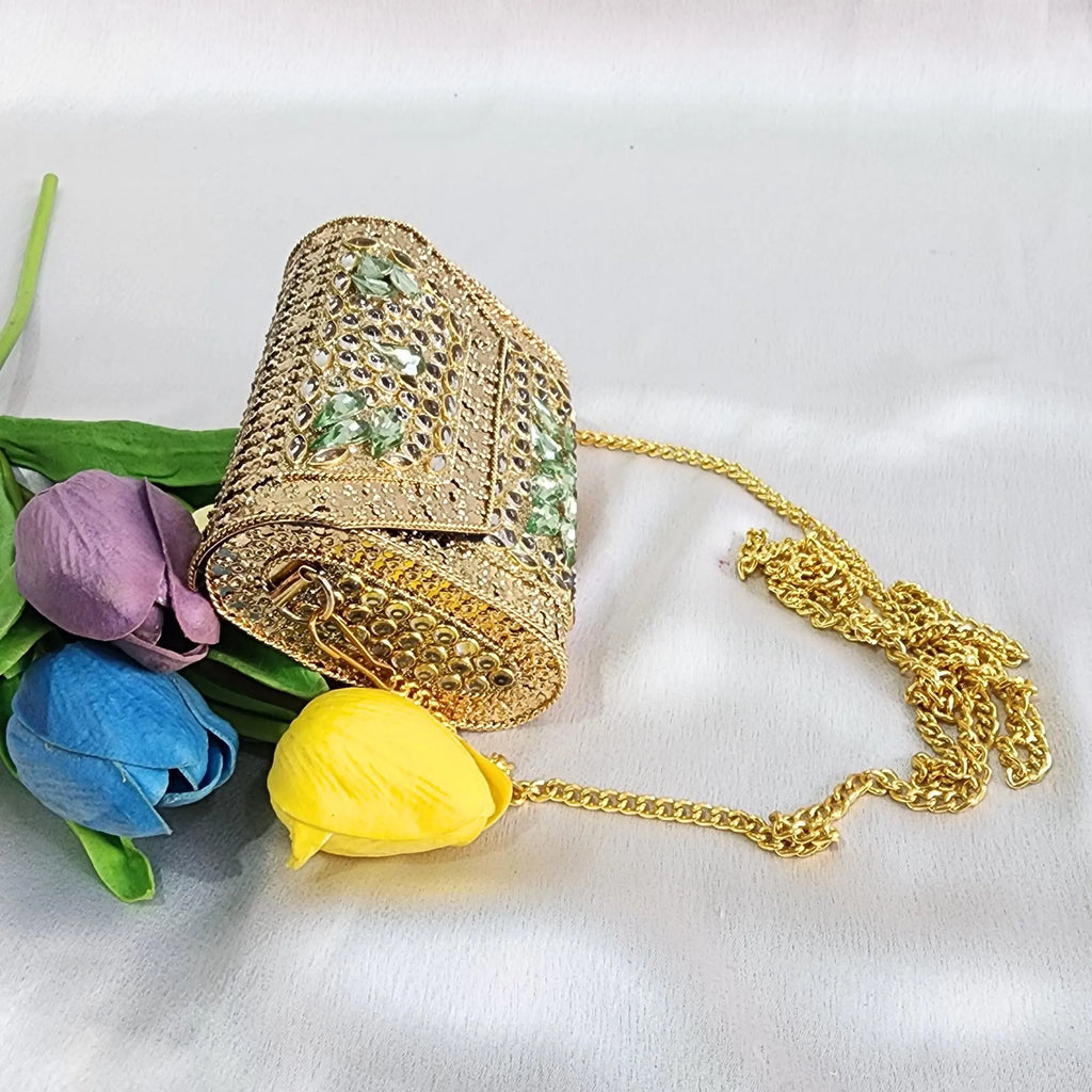 Kundan Stone Mini Clutch Purse - Golden Green