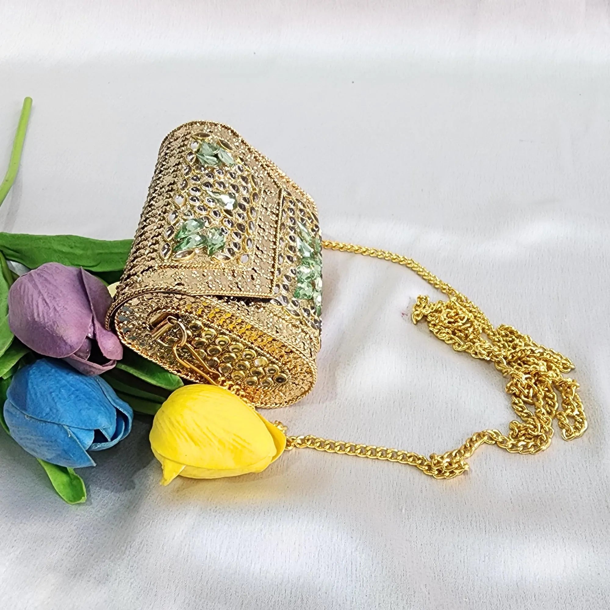 Kundan Stone Mini Clutch Purse - Golden Green