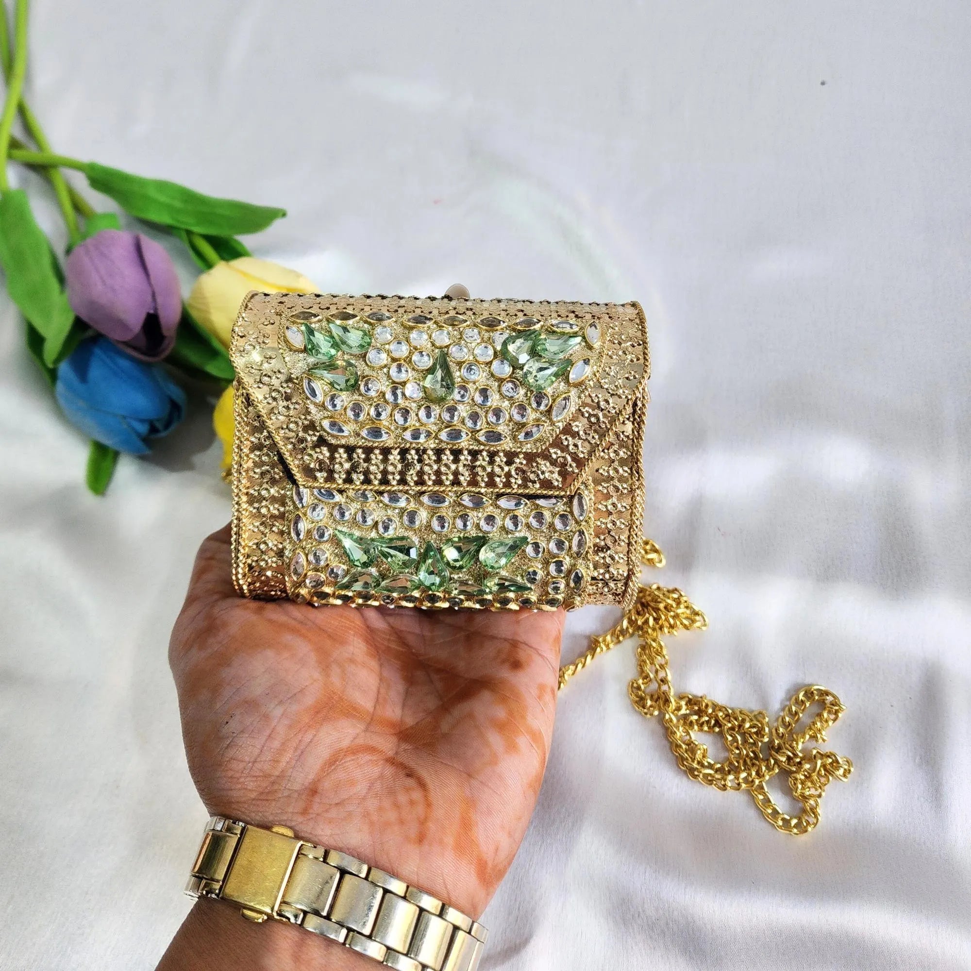 Kundan Stone Mini Clutch Purse - Golden Green