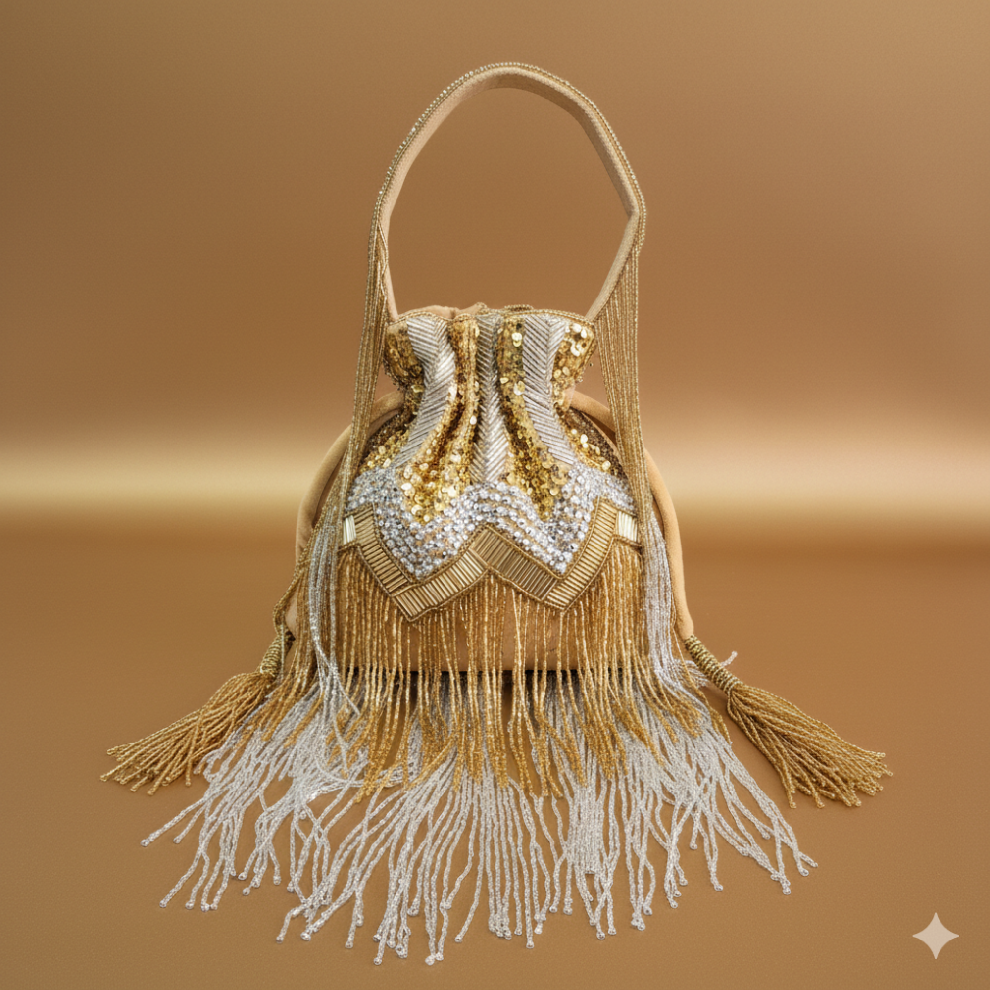 Embroidered Fringe Potli Bag - Gold Silver