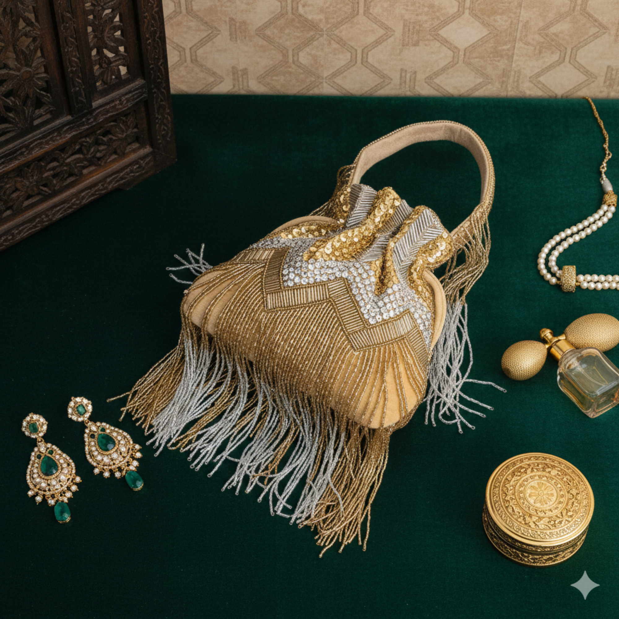 Embroidered Fringe Potli Bag - Gold Silver
