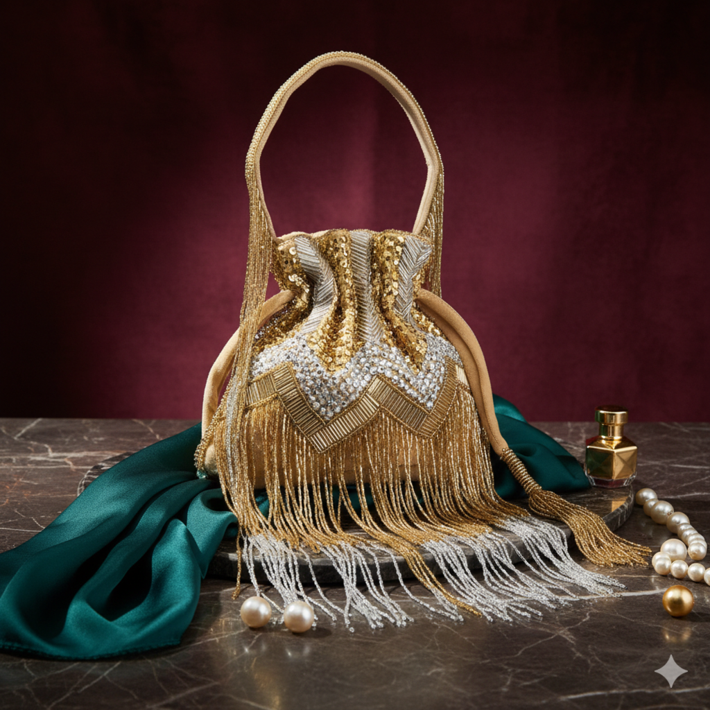 Embroidered Fringe Potli Bag - Gold Silver