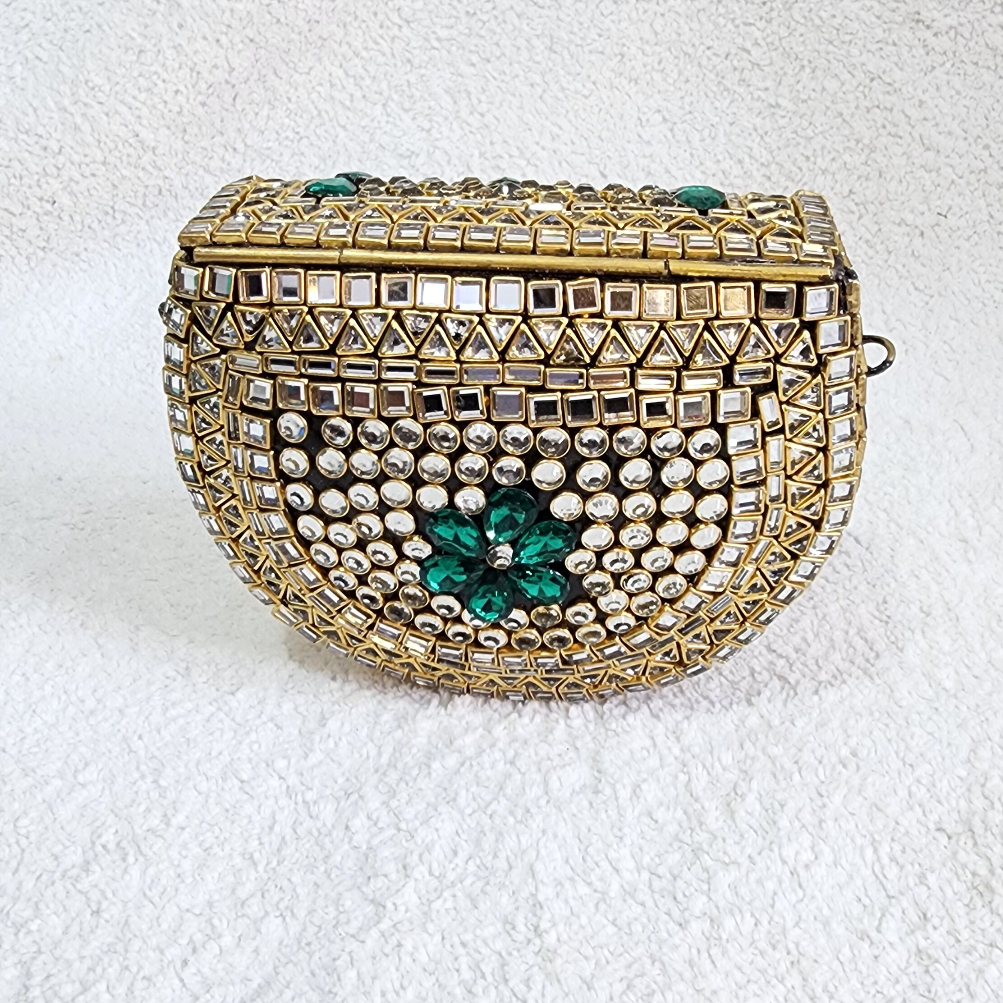 Kundan Brass Brass Clutch Green and Gold
