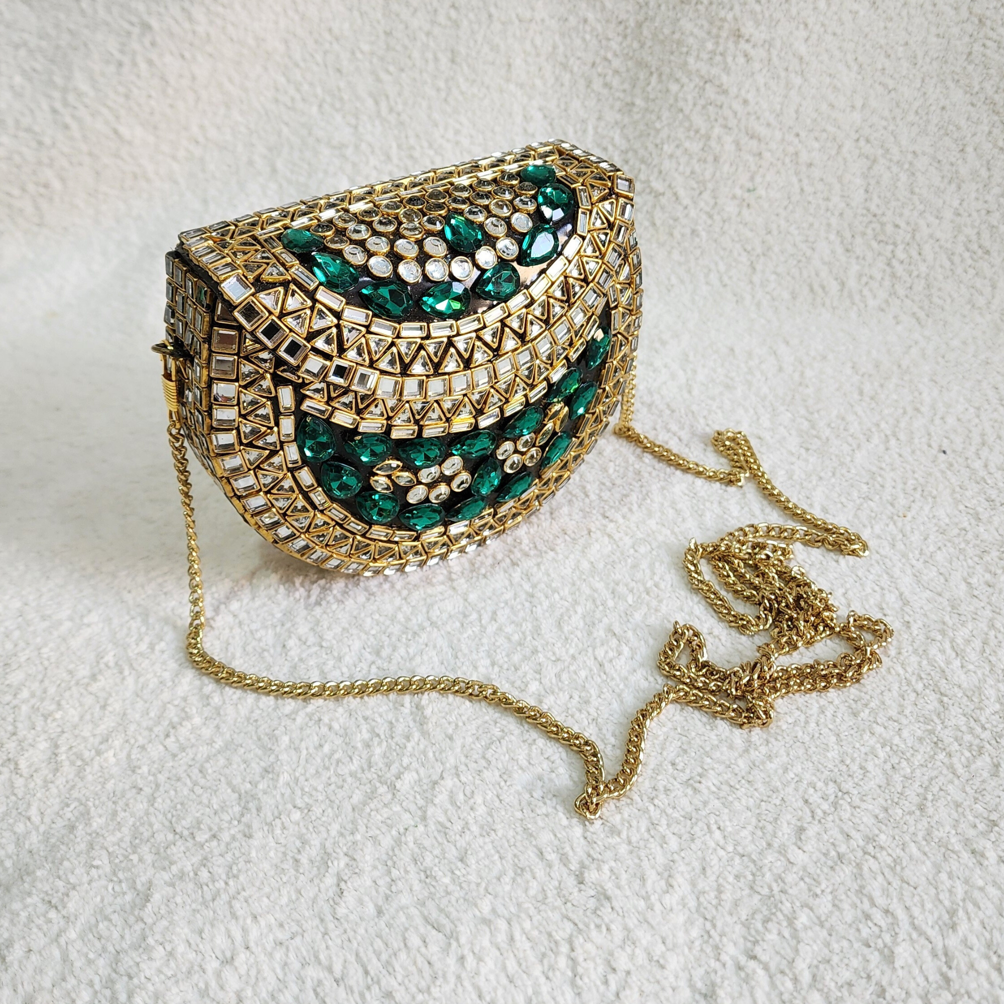 Kundan Brass Brass Clutch Green and Gold