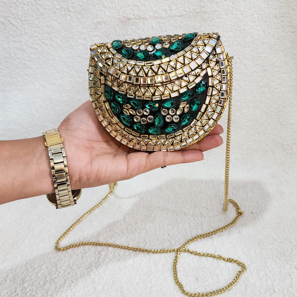 Kundan Brass Brass Clutch Green and Gold