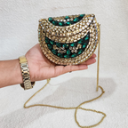 Kundan Brass Brass Clutch Green and Gold