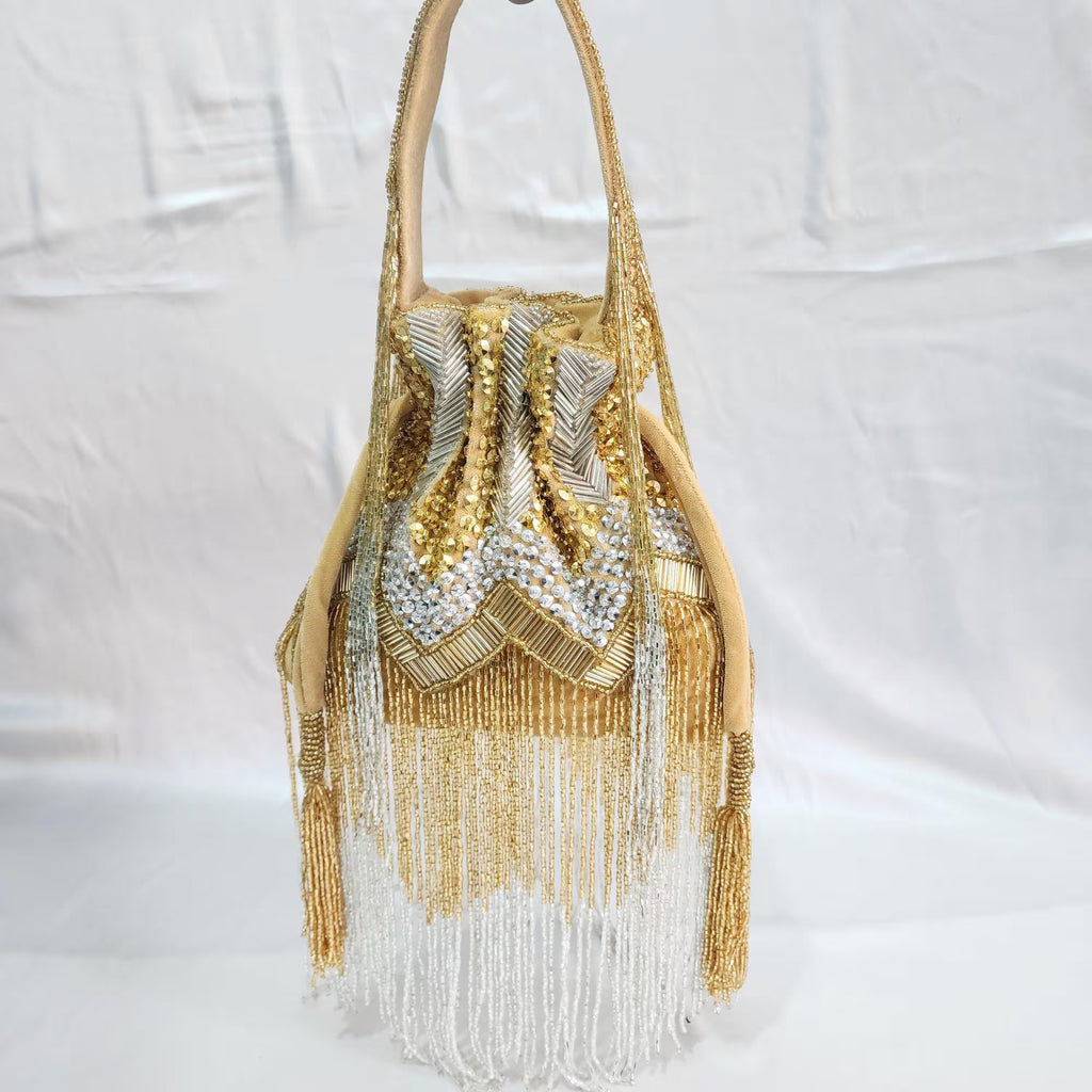 Embroidered Fringe Potli Bag - Gold Silver