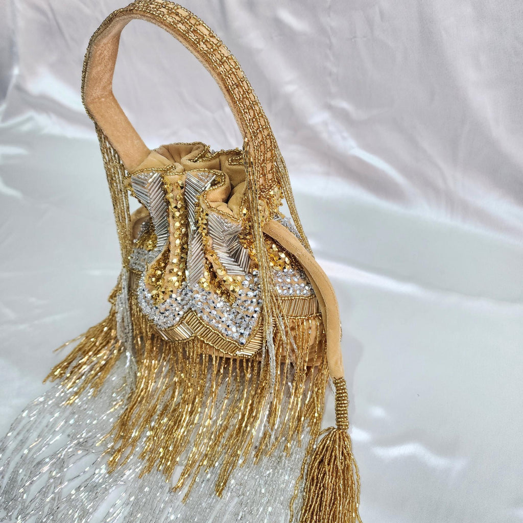 Embroidered Fringe Potli Bag - Gold Silver