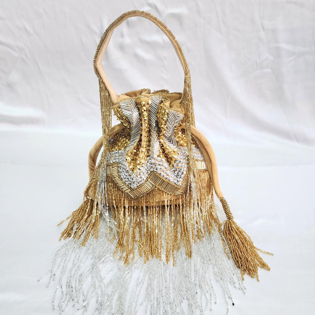 Embroidered Fringe Potli Bag - Gold Silver