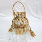 Embroidered Fringe Potli Bag - Gold Silver