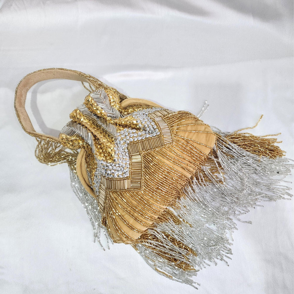Embroidered Fringe Potli Bag - Gold Silver