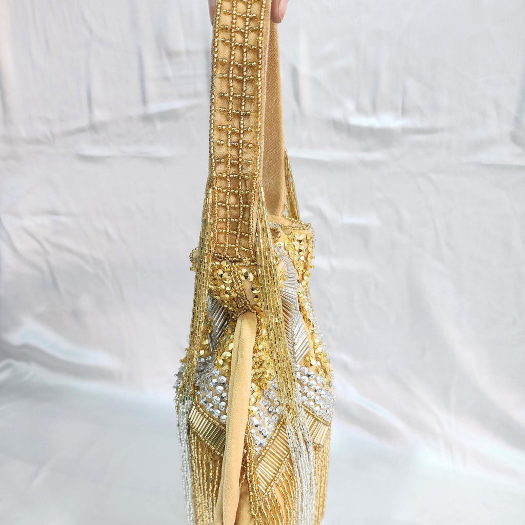 Embroidered Fringe Potli Bag - Gold Silver