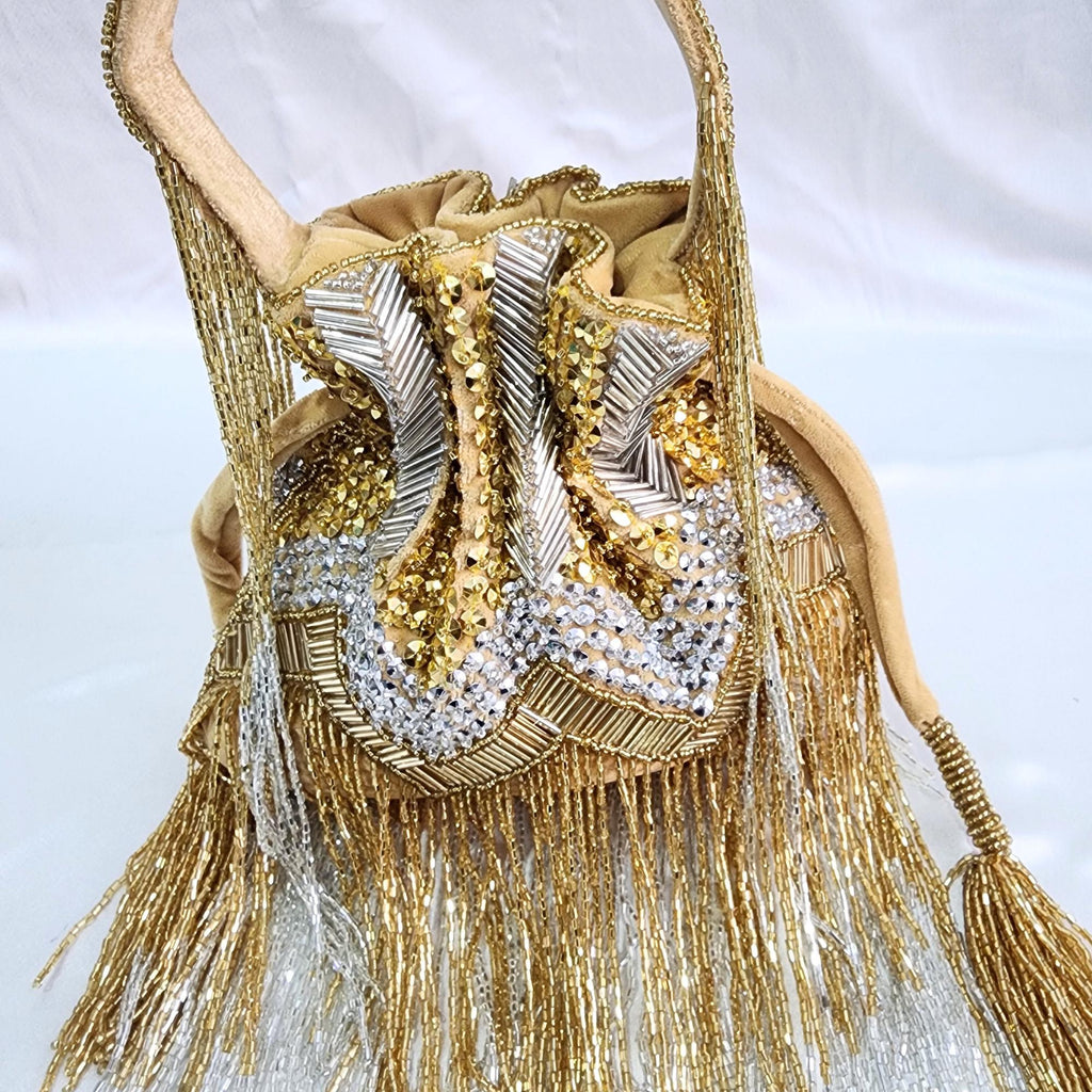 Embroidered Fringe Potli Bag - Gold Silver