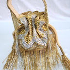 Embroidered Fringe Potli Bag - Gold Silver