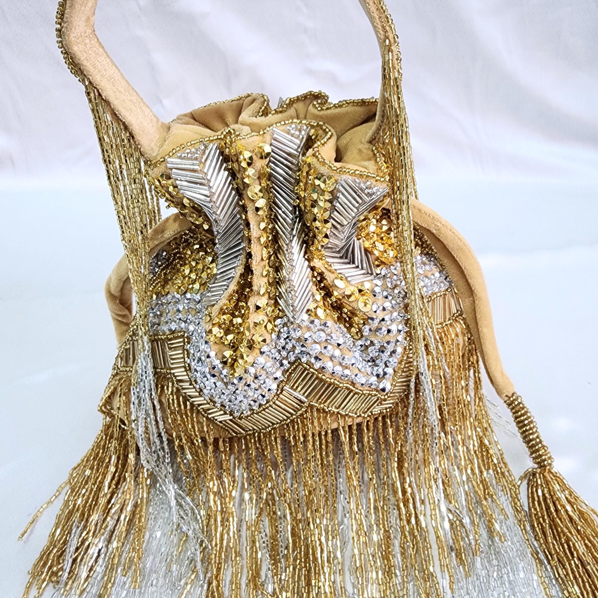 Embroidered Fringe Potli Bag - Gold Silver
