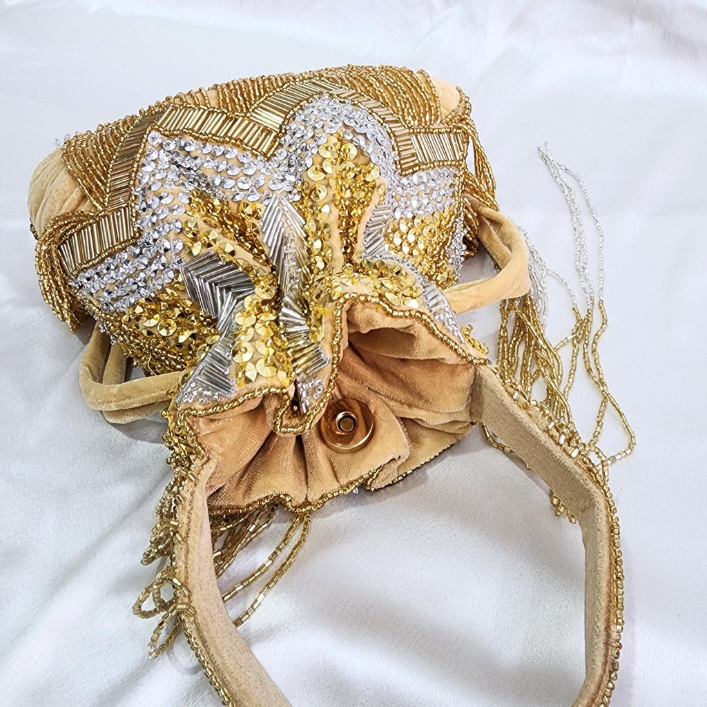 Embroidered Fringe Potli Bag - Gold Silver