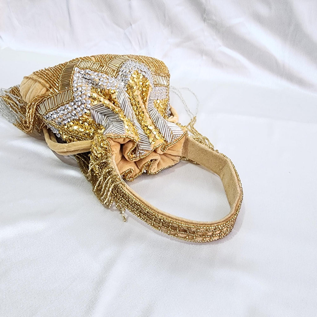 Embroidered Fringe Potli Bag - Gold Silver