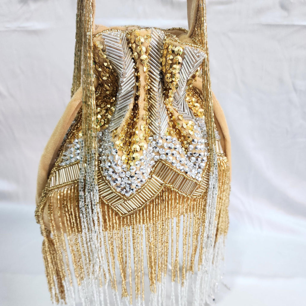 Embroidered Fringe Potli Bag - Gold Silver