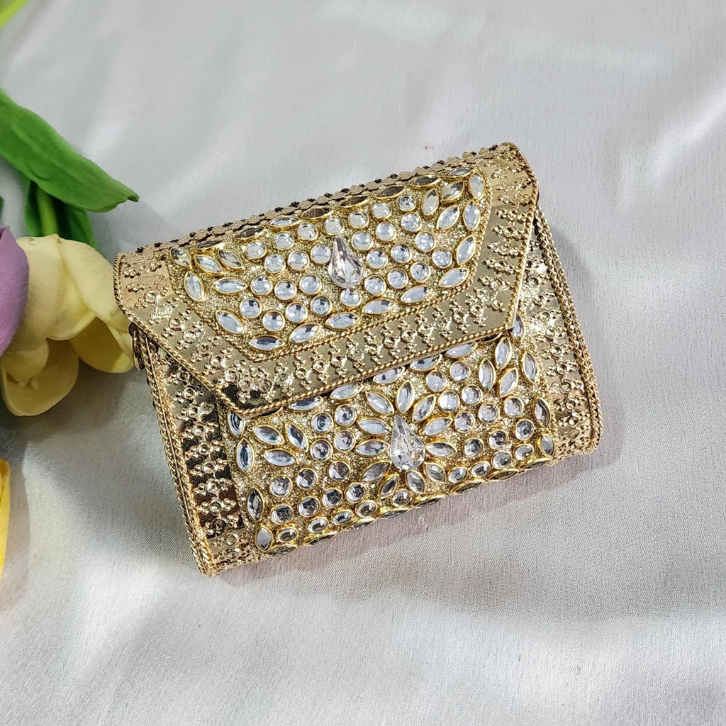 Kundan Stone Mini Clutch Purse - Golden