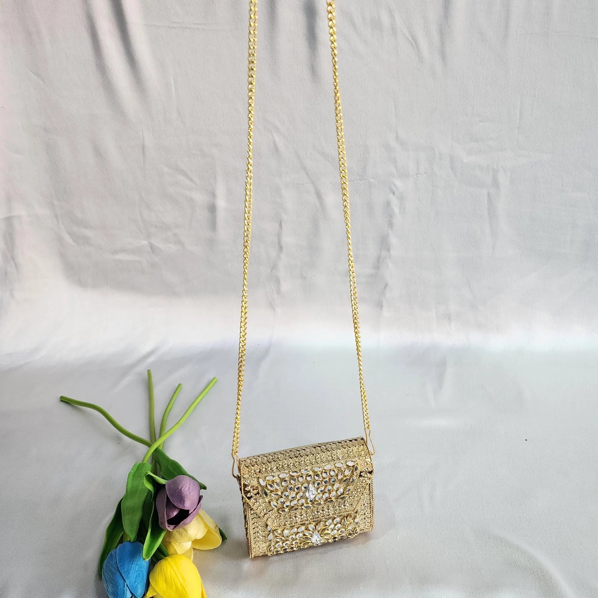 Kundan Stone Mini Clutch Purse - Golden