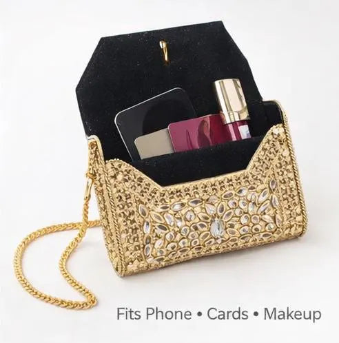 Kundan Stone Mini Clutch Purse - Golden