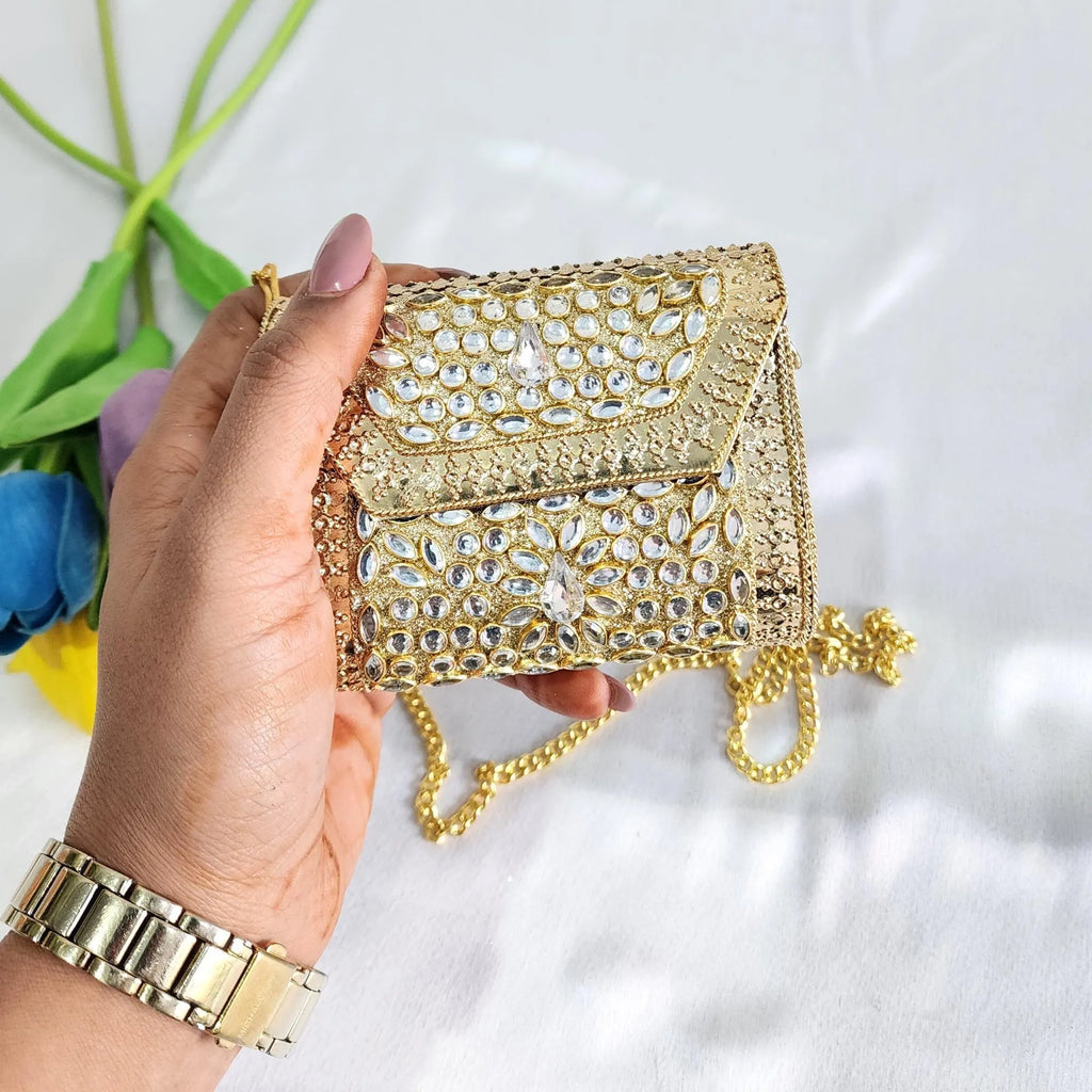 Kundan Stone Mini Clutch Purse - Golden