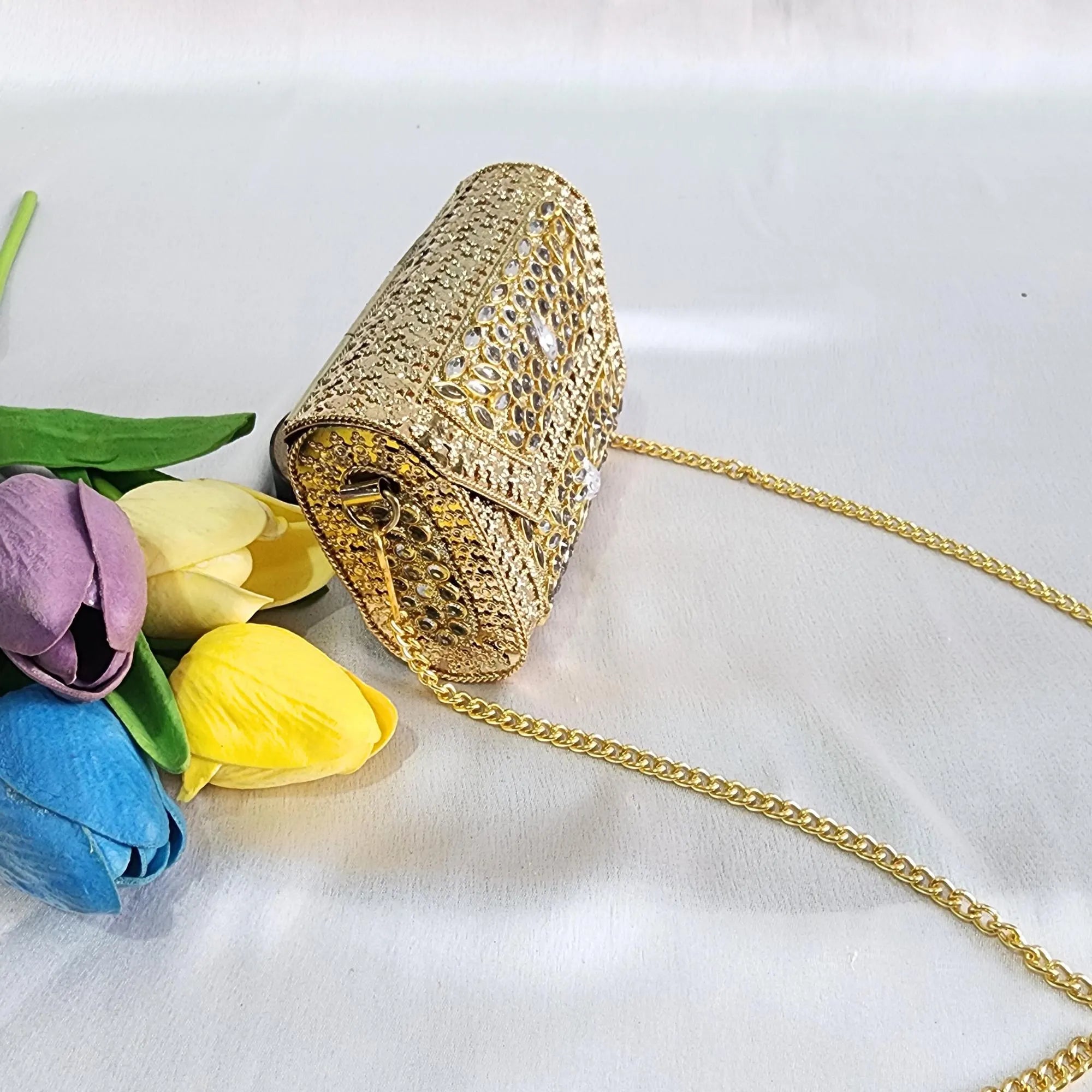 Kundan Stone Mini Clutch Purse - Golden
