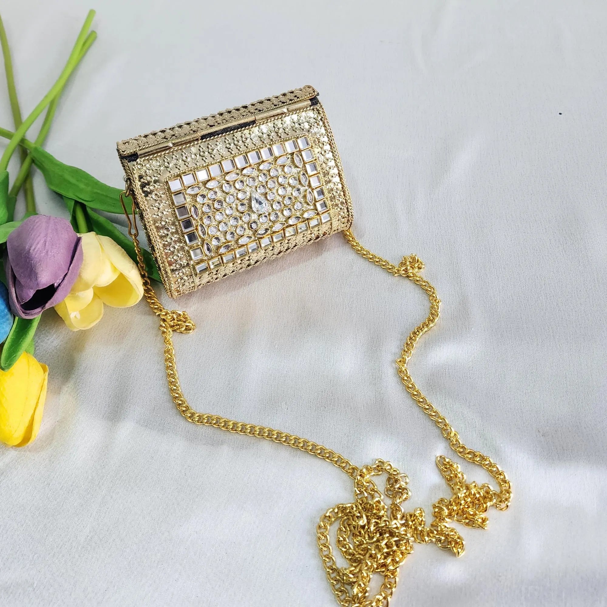 Kundan Stone Mini Clutch Purse - Golden
