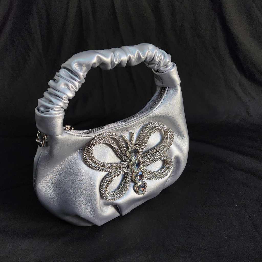 Crystal Beaded Silver Party Bag with Sling and Top Handle