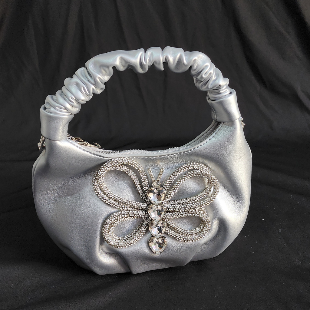 Crystal Beaded Silver Party Bag with Sling and Top Handle