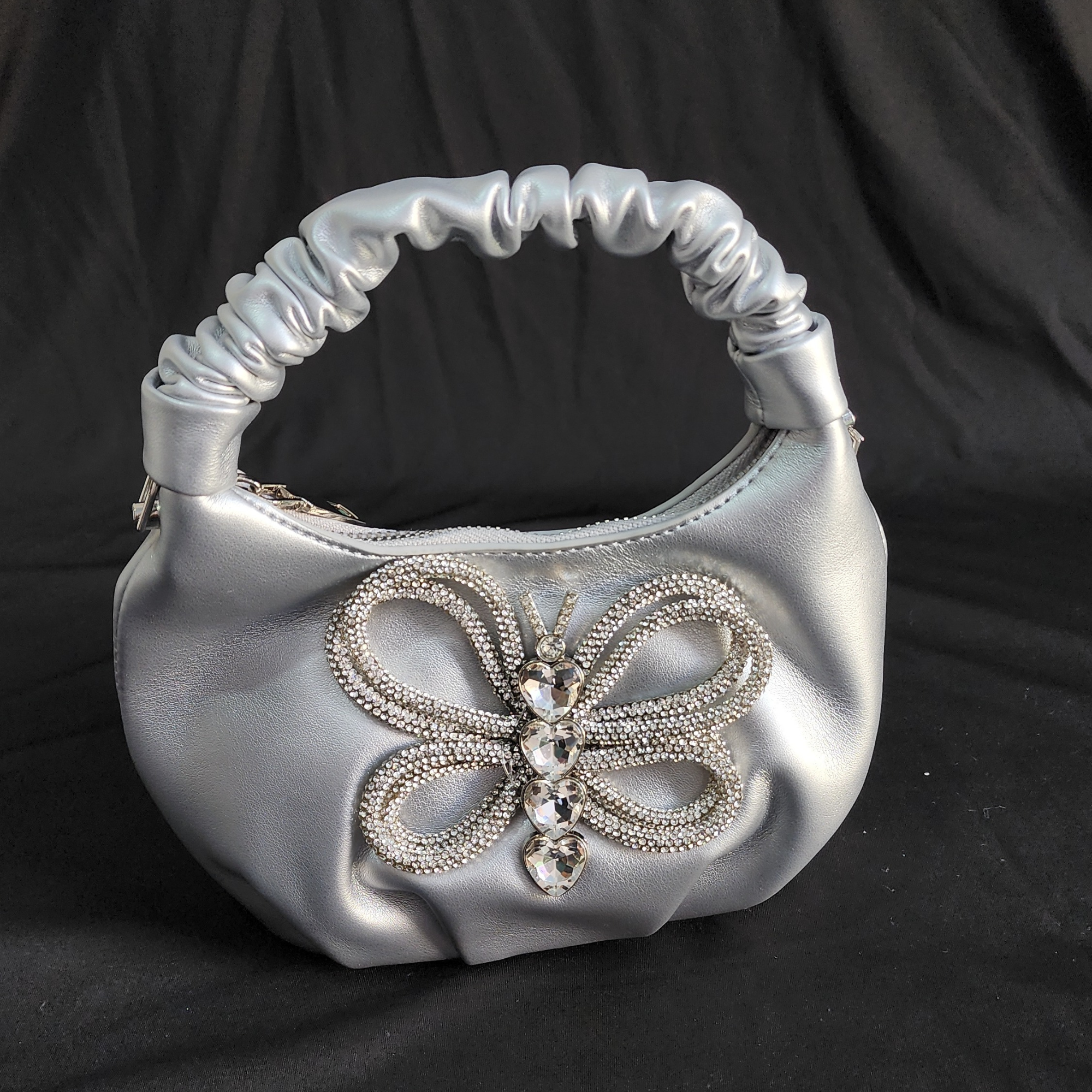 Crystal Beaded Silver Party Bag with Sling and Top Handle