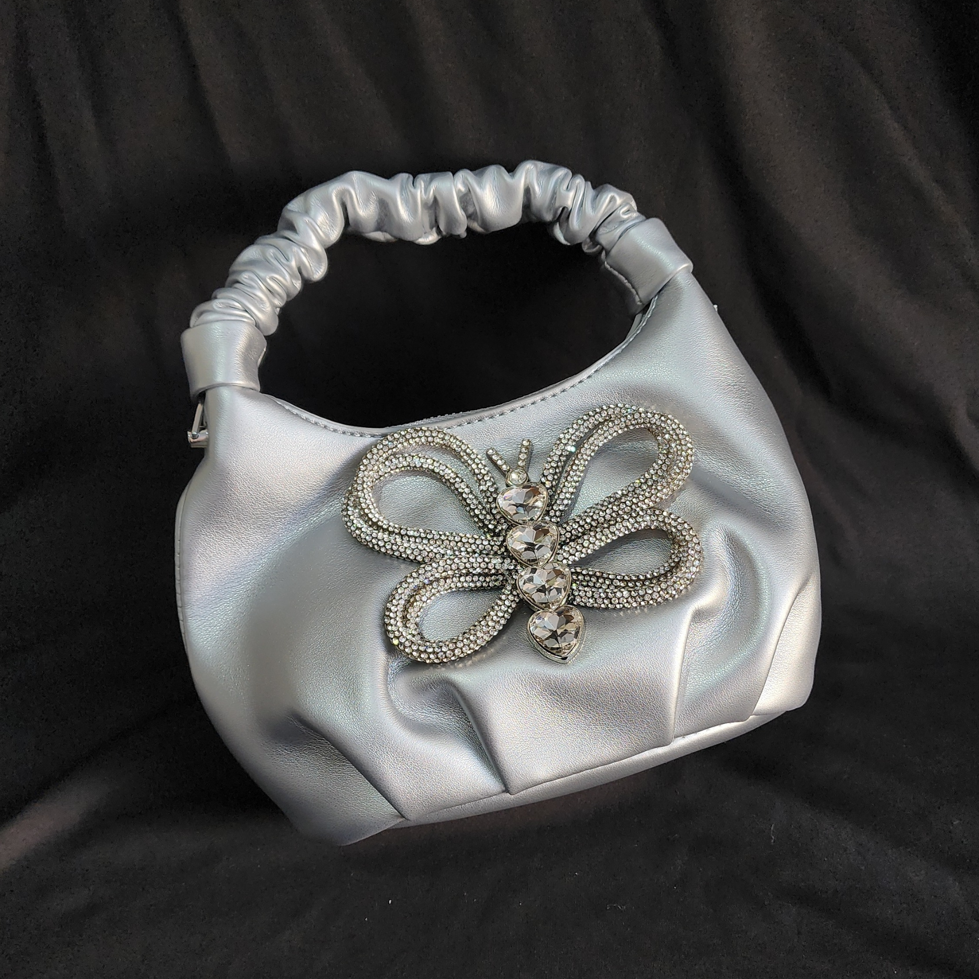 Crystal Beaded Silver Party Bag with Sling and Top Handle