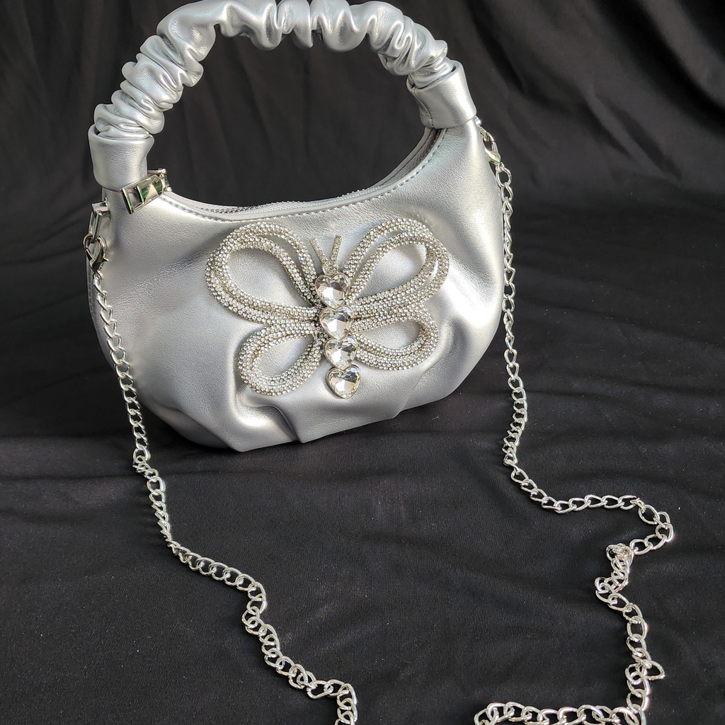 Crystal Beaded Silver Party Bag with Sling and Top Handle