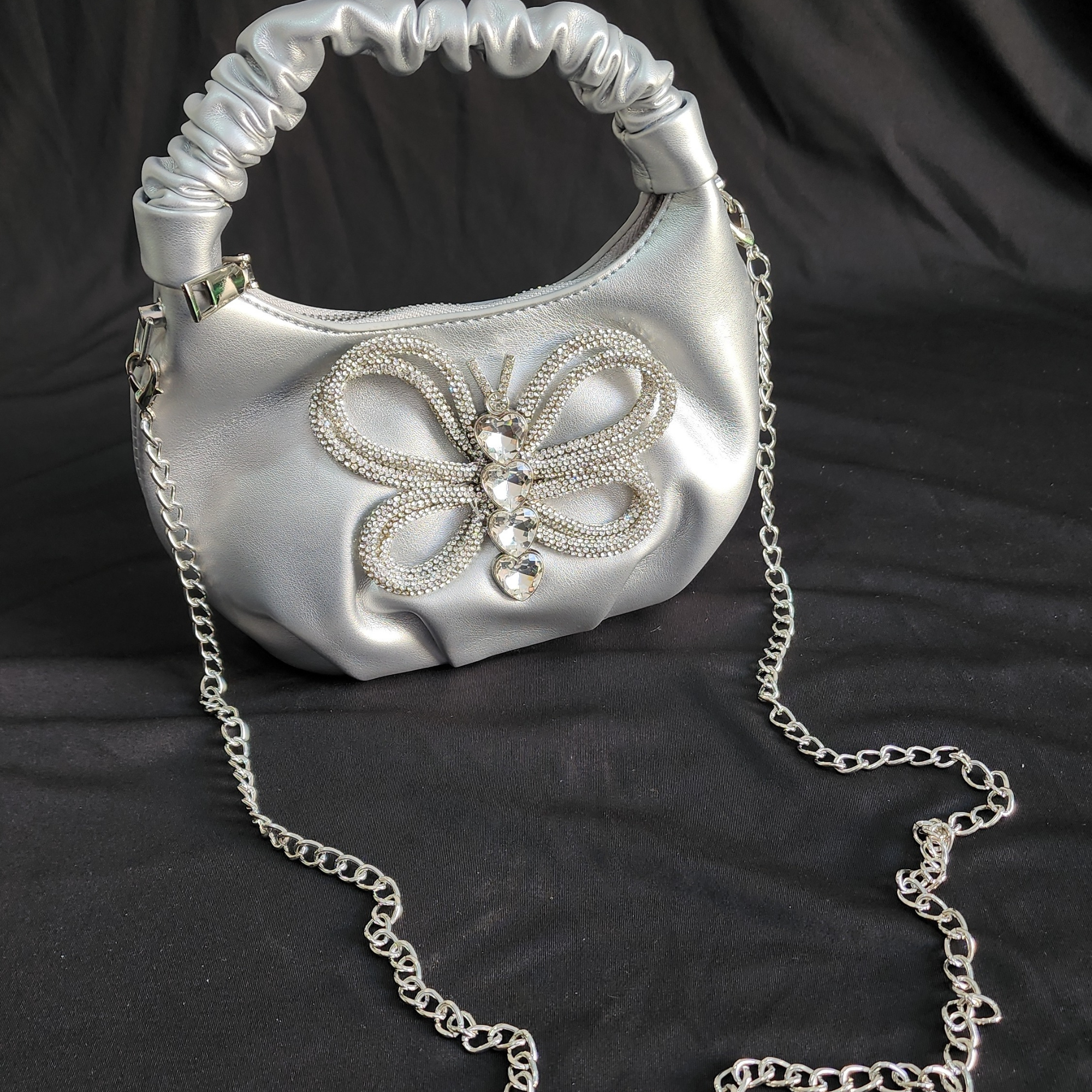 Crystal Beaded Silver Party Bag with Sling and Top Handle