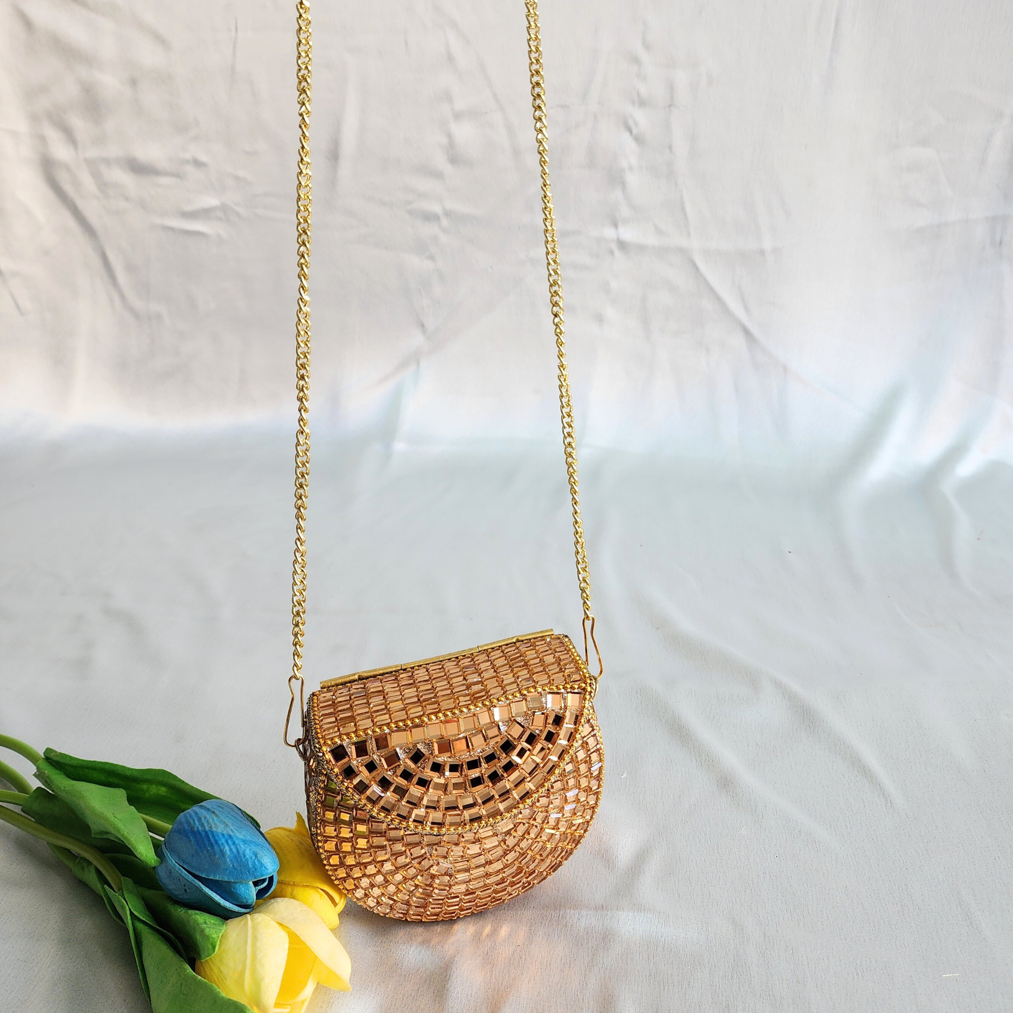 Handmade Rose Gold Mirror Clutch Purse with Sling